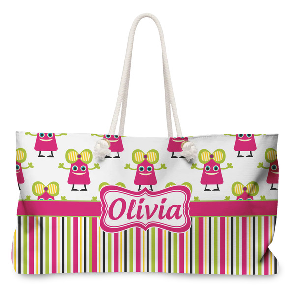 Custom Pink Monsters & Stripes Large Tote Bag with Rope Handles (Personalized)