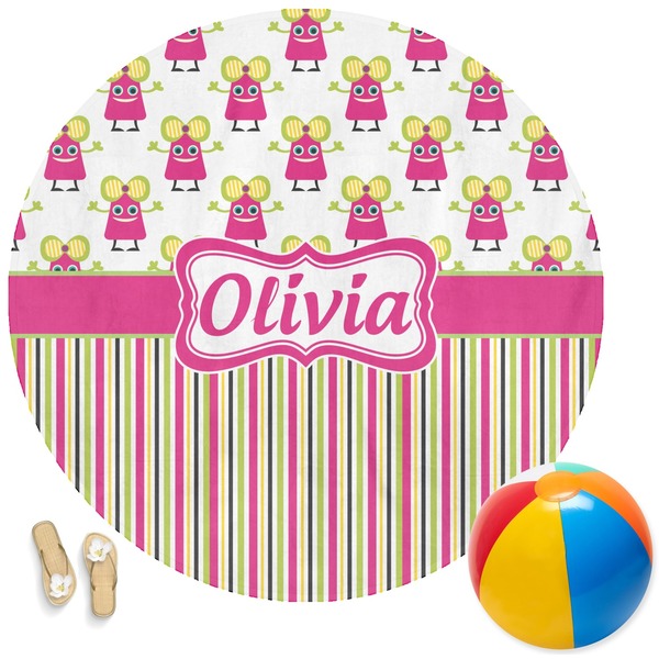 Custom Pink Monsters & Stripes Round Beach Towel (Personalized)