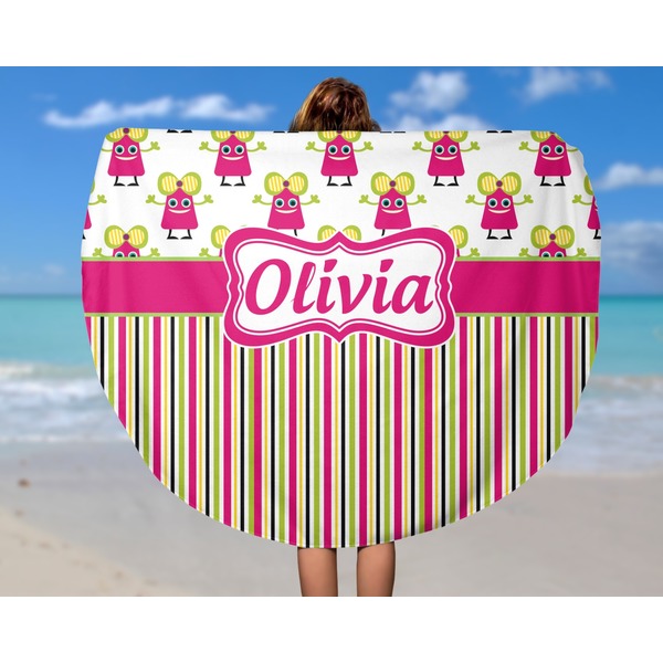 Pink Monsters & Stripes Round Beach Towel - In Use