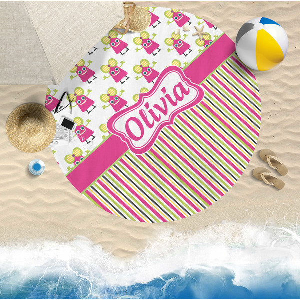 Pink Monsters & Stripes Round Beach Towel Lifestyle