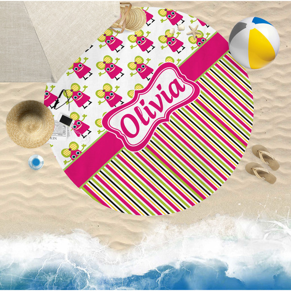 Pink Monsters & Stripes Round Beach Towel Lifestyle