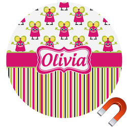Pink Monsters & Stripes Round Car Magnet - 10" (Personalized)