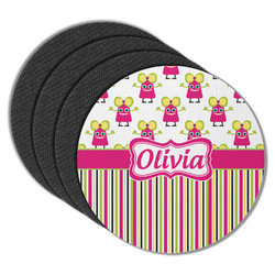 Pink Monsters & Stripes Round Rubber Backed Coasters - Set of 4 (Personalized)
