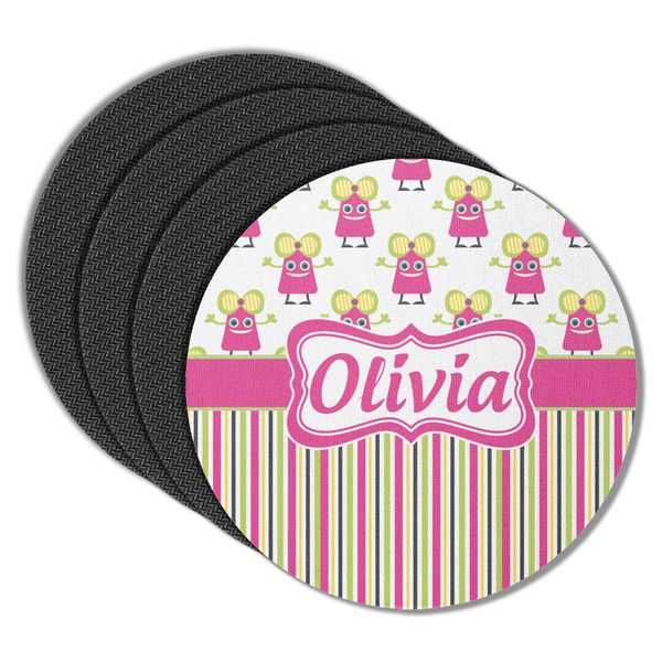 Custom Pink Monsters & Stripes Round Rubber Backed Coasters - Set of 4 (Personalized)