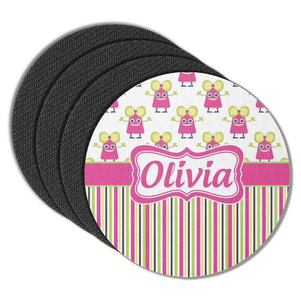 Pink Monsters & Stripes Round Coaster Rubber Back - Main