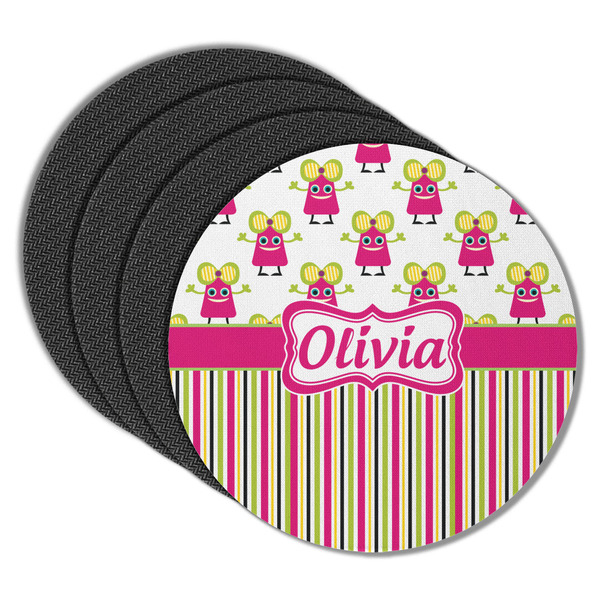 Pink Monsters & Stripes Round Coaster Rubber Back - Main