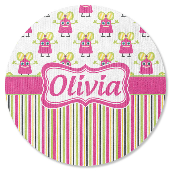 Custom Pink Monsters & Stripes Round Rubber Backed Coaster (Personalized)
