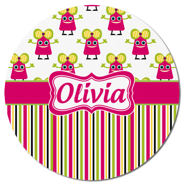 Pink Monsters & Stripes Round Fridge Magnet - FRONT