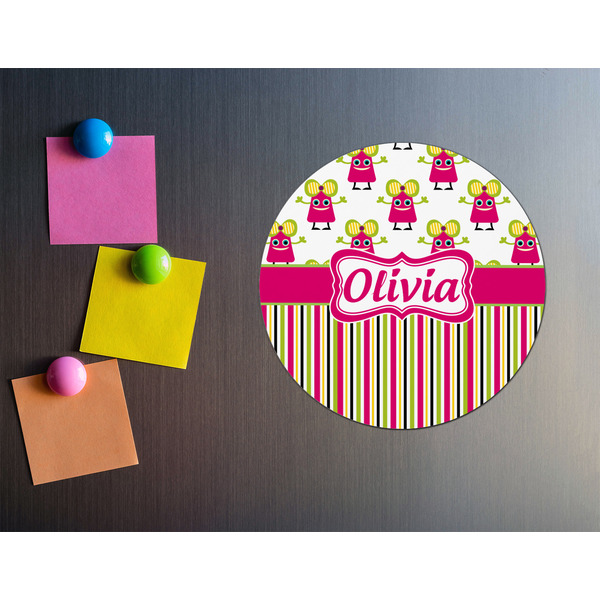 Pink Monsters & Stripes Round Fridge Magnet - LIFESTYLE