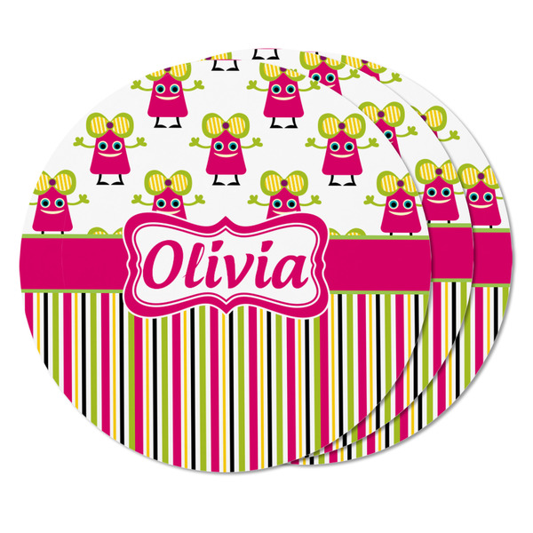 Pink Monsters & Stripes Round Fridge Magnet - THREE