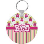 Pink Monsters & Stripes Round Plastic Keychain (Personalized)