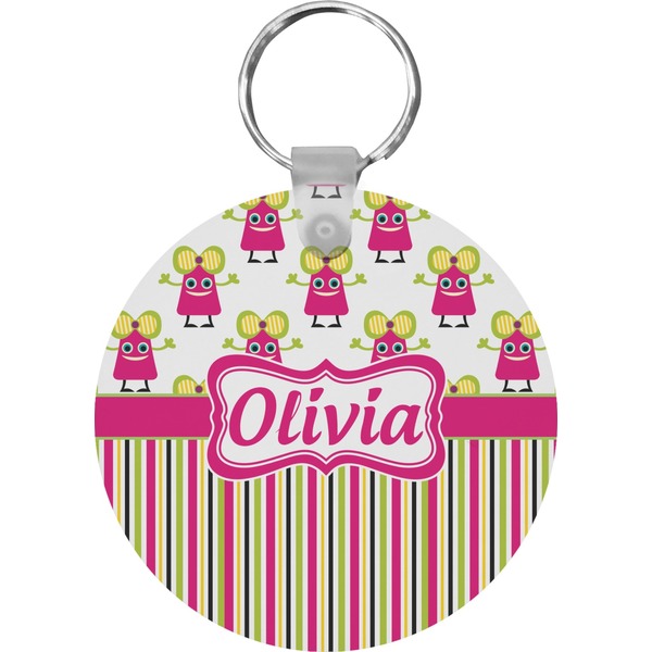 Custom Pink Monsters & Stripes Round Plastic Keychain (Personalized)