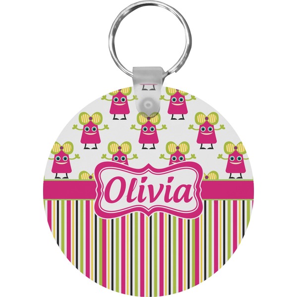 Pink Monsters & Stripes Round Keychain (Personalized)