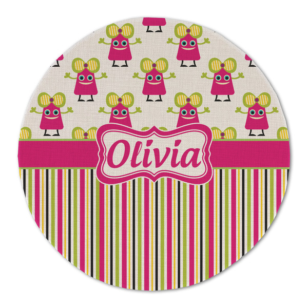 Custom Pink Monsters & Stripes Round Linen Placemat - Single Sided (Personalized)