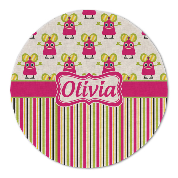 Custom Pink Monsters & Stripes Round Linen Placemat - Single Sided (Personalized)
