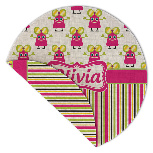 Pink Monsters & Stripes Round Linen Placemats - Front (folded corner double sided)