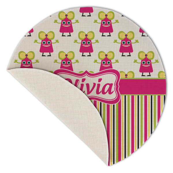 Pink Monsters & Stripes Round Linen Placemats - Front (folded corner single sided)