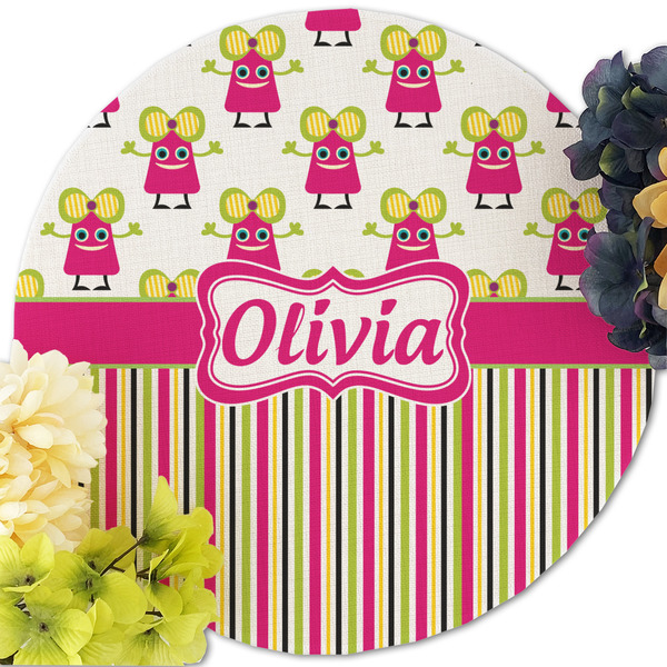 Pink Monsters & Stripes Round Linen Placemats - Front (w flowers)