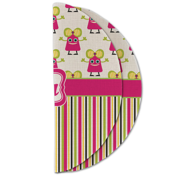 Pink Monsters & Stripes Round Linen Placemats - HALF FOLDED (double sided)