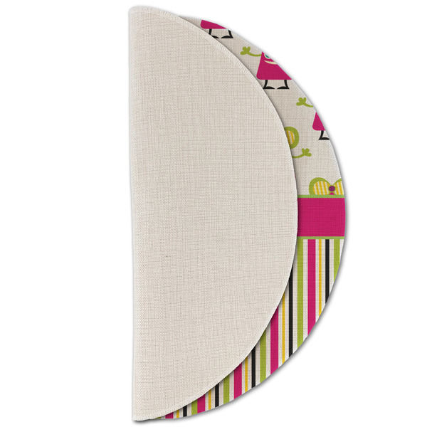 Pink Monsters & Stripes Round Linen Placemats - HALF FOLDED (single sided)