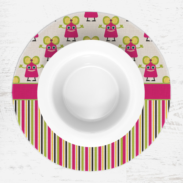 Pink Monsters & Stripes Round Linen Placemats - LIFESTYLE (single)