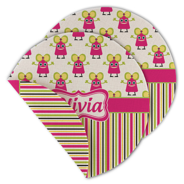 Custom Pink Monsters & Stripes Round Linen Placemat - Double Sided (Personalized)