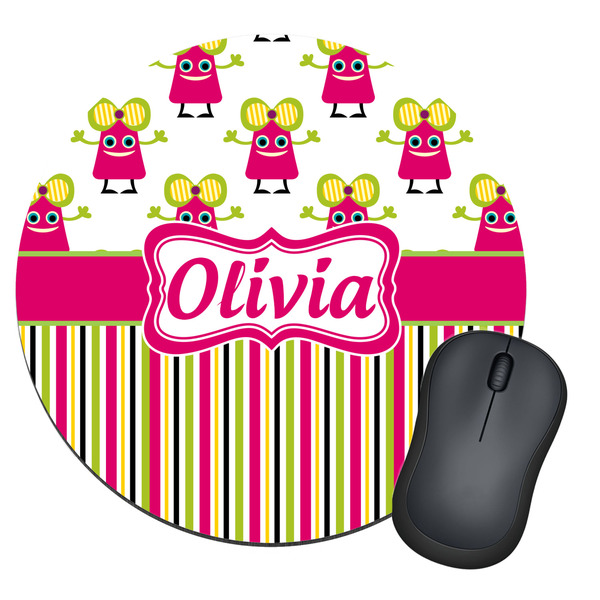 Custom Pink Monsters & Stripes Round Mouse Pad (Personalized)