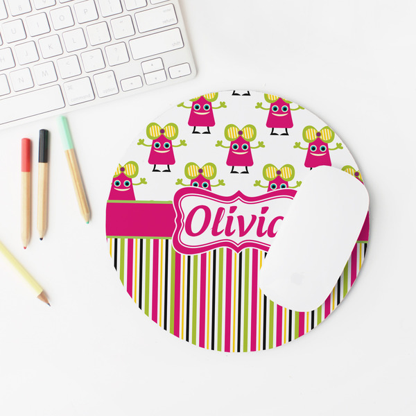 Pink Monsters & Stripes Round Mousepad - LIFESTYLE 2