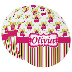 Pink Monsters & Stripes Round Paper Coasters w/ Name or Text