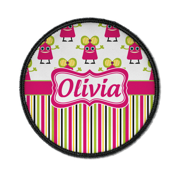 Custom Pink Monsters & Stripes Iron On Round Patch w/ Name or Text
