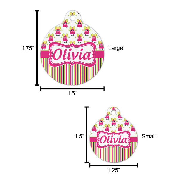 Pink Monsters & Stripes Round Pet ID Tag - Large - Comparison Scale