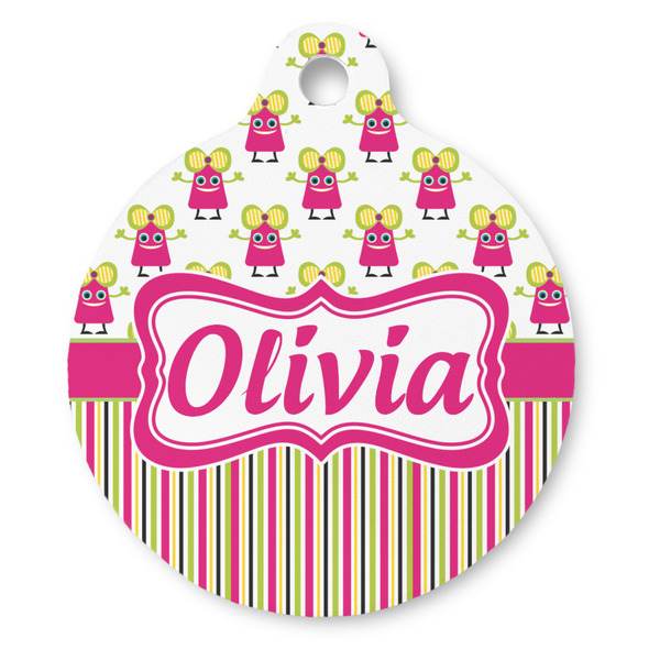Custom Pink Monsters & Stripes Round Pet ID Tag (Personalized)