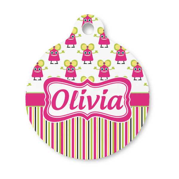Custom Pink Monsters & Stripes Round Pet ID Tag - Small (Personalized)