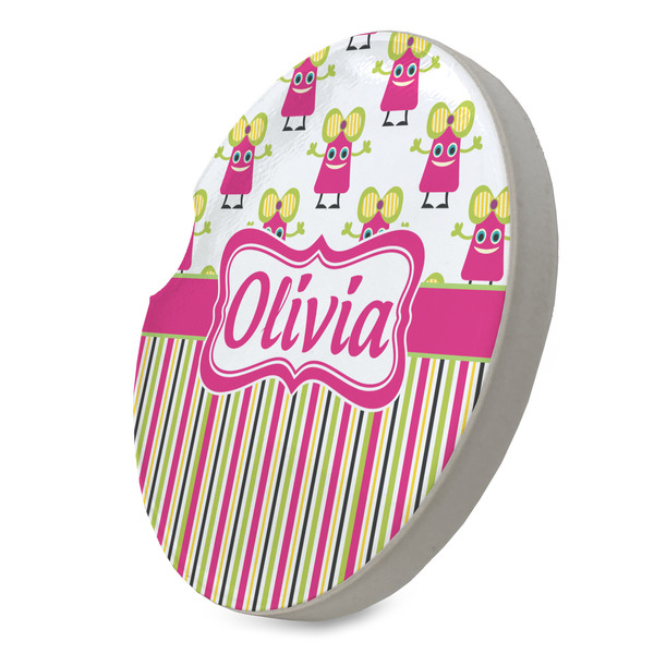 Pink Monsters & Stripes Sandstone Car Coaster - STANDING ANGLE