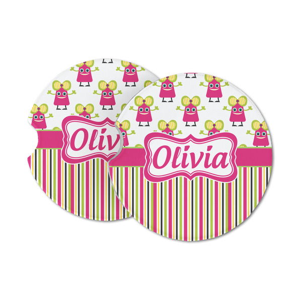 Custom Pink Monsters & Stripes Sandstone Car Coasters - Set of 2 (Personalized)