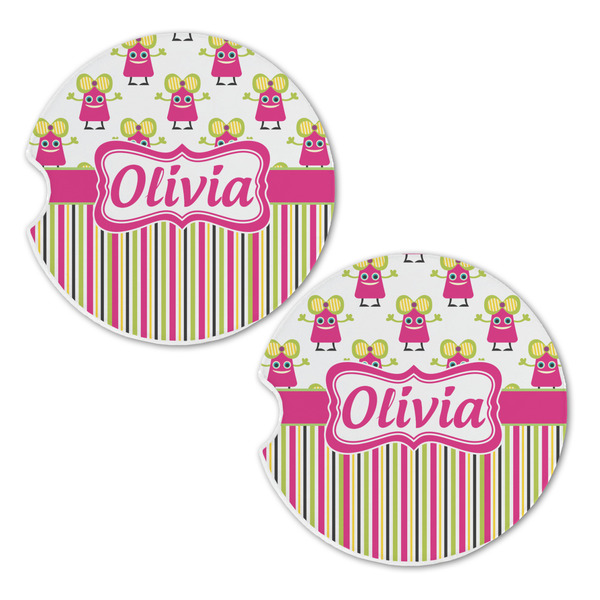 Pink Monsters & Stripes Sandstone Car Coasters - Set of 2