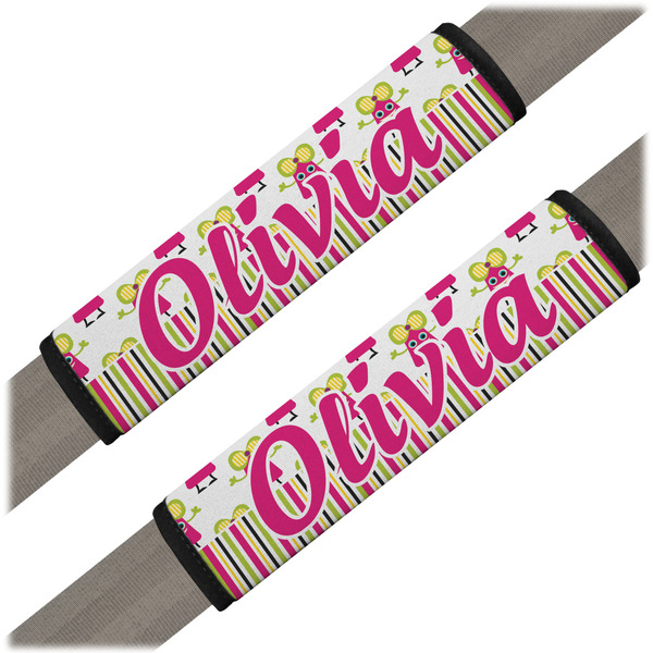 Custom Pink Monsters & Stripes Seat Belt Covers (Set of 2) (Personalized)