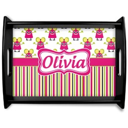 Pink Monsters & Stripes Black Wooden Tray - Large (Personalized)