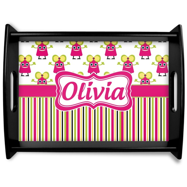 Custom Pink Monsters & Stripes Black Wooden Tray - Large (Personalized)