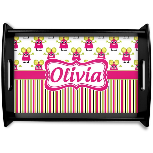 Custom Pink Monsters & Stripes Black Wooden Tray - Small (Personalized)