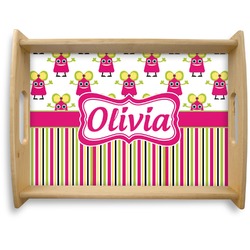 Pink Monsters & Stripes Natural Wooden Tray - Large (Personalized)
