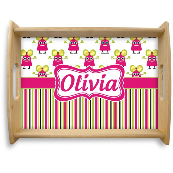 Custom Pink Monsters & Stripes Natural Wooden Tray - Large (Personalized)