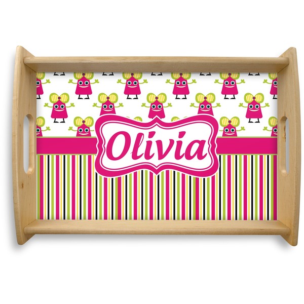 Custom Pink Monsters & Stripes Natural Wooden Tray - Small (Personalized)
