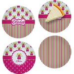 Pink Monsters & Stripes Set of 4 Glass Appetizer / Dessert Plate 8" (Personalized)