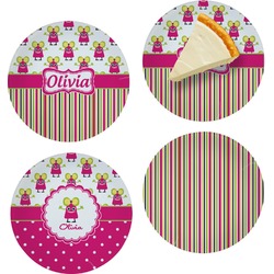 Pink Monsters & Stripes Set of 4 Glass Appetizer / Dessert Plate 8" (Personalized)