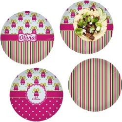 Pink Monsters & Stripes Set of 4 Glass Lunch / Dinner Plate 10" (Personalized)