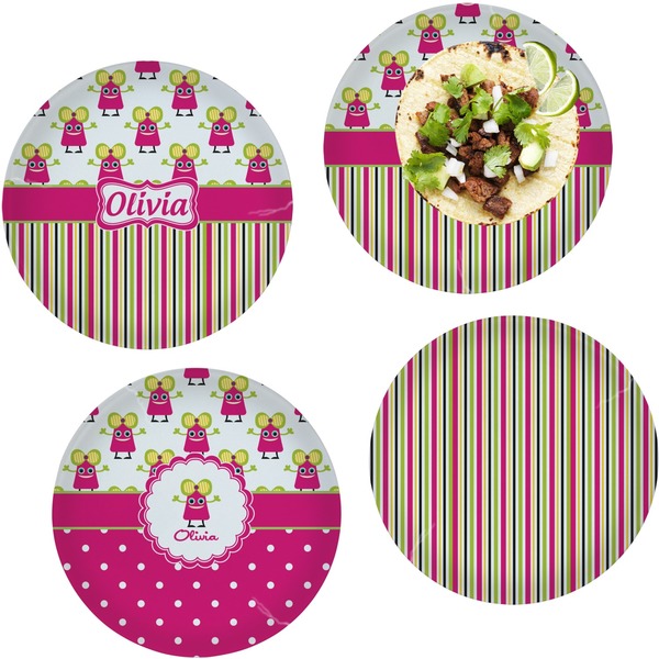 Custom Pink Monsters & Stripes Set of 4 Glass Lunch / Dinner Plate 10" (Personalized)