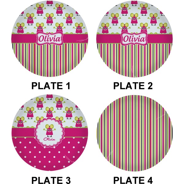 Pink Monsters & Stripes Set of Lunch / Dinner Plates (Approval)