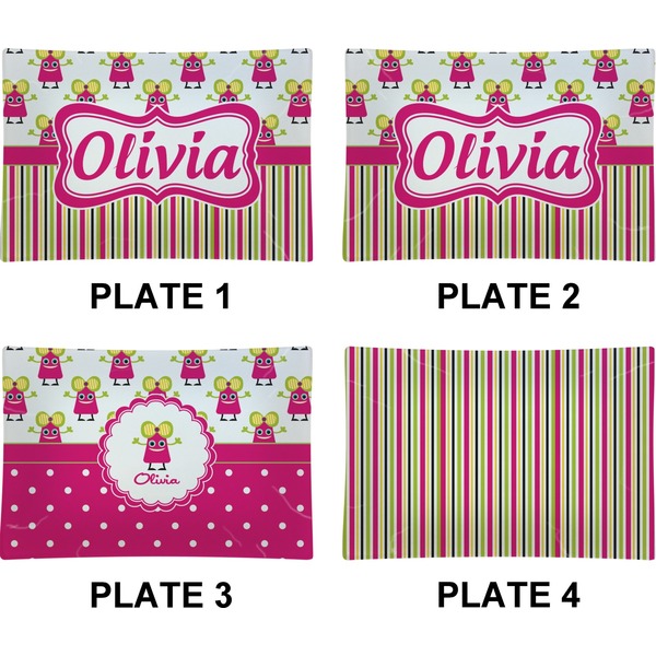 Pink Monsters & Stripes Set of Rectangular Appetizer / Dessert Plates (Approval)