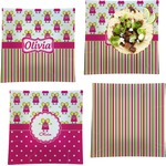 Pink Monsters & Stripes Set of 4 Glass Square Lunch / Dinner Plate 9.5" (Personalized)